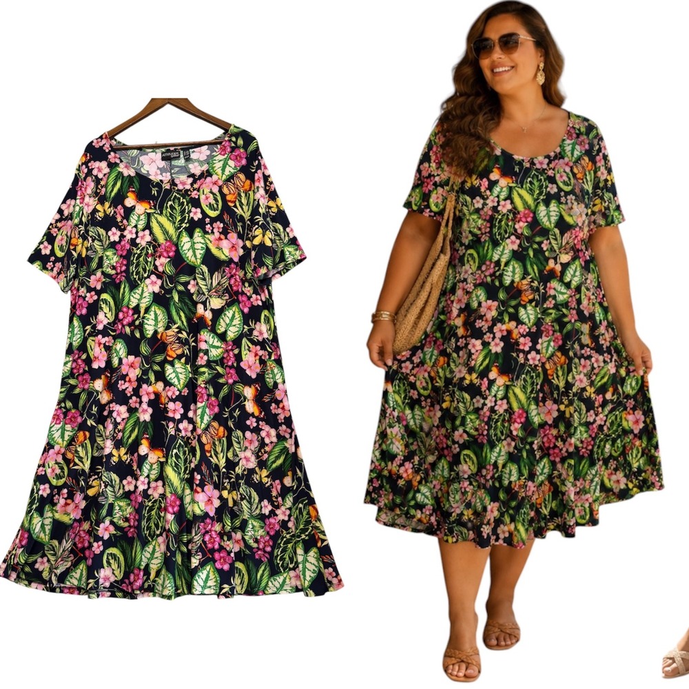 Womens Dress Plus Sz‎ 2XP Floral Tropical Pockets Stretch Knit Resortwear Cruise